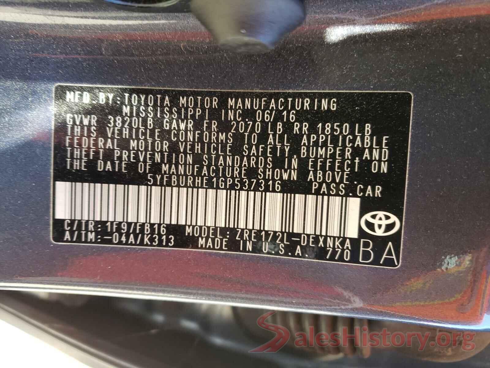 5YFBURHE1GP537316 2016 TOYOTA COROLLA