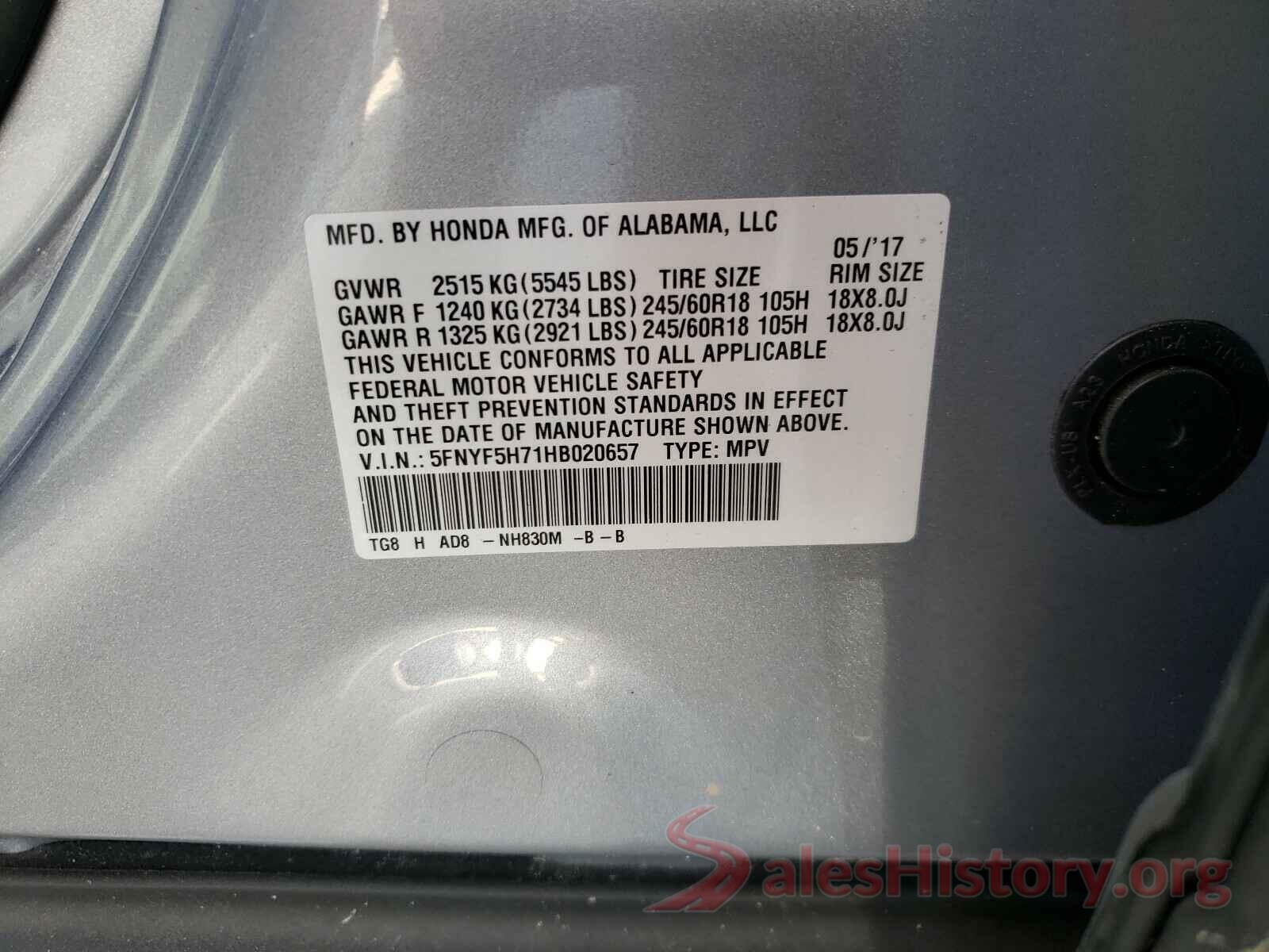 5FNYF5H71HB020657 2017 HONDA PILOT