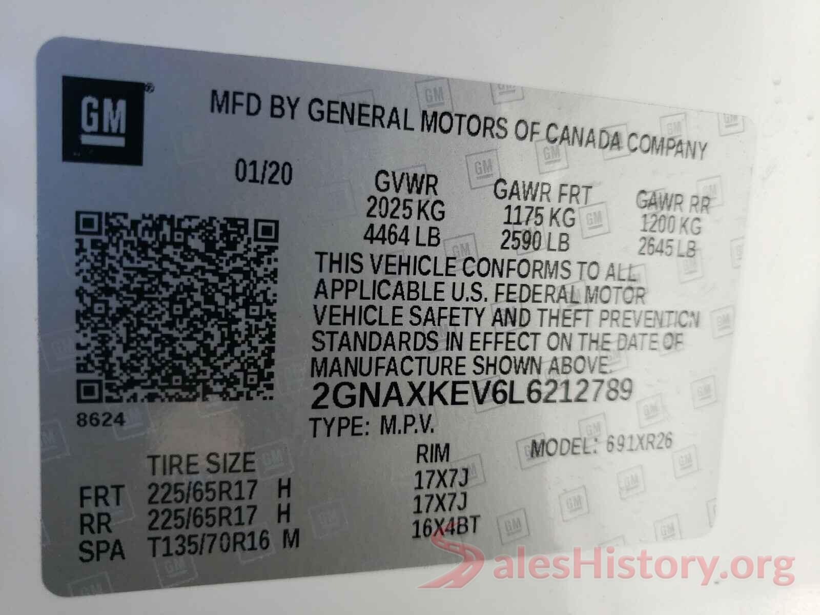 2GNAXKEV6L6212789 2020 CHEVROLET EQUINOX