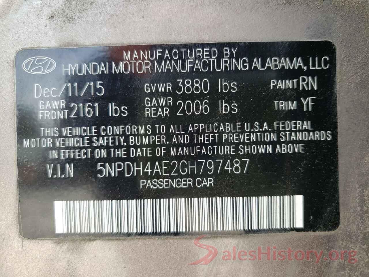 5NPDH4AE2GH797487 2016 HYUNDAI ELANTRA