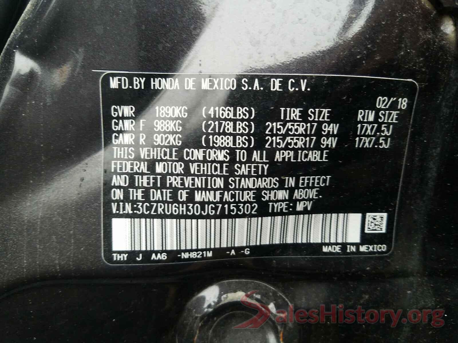 3CZRU6H30JG715302 2018 HONDA HR-V