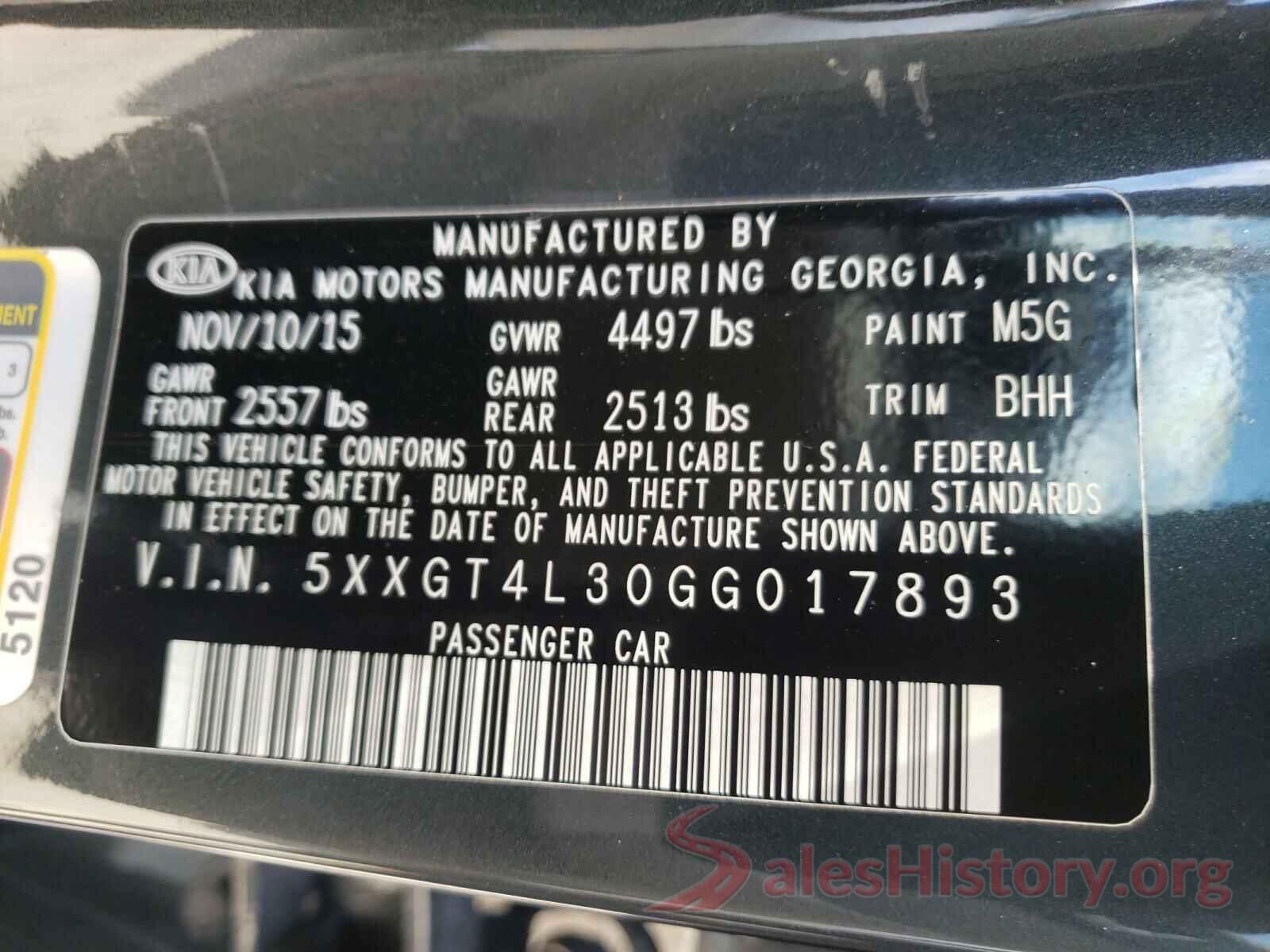 5XXGT4L30GG017893 2016 KIA OPTIMA