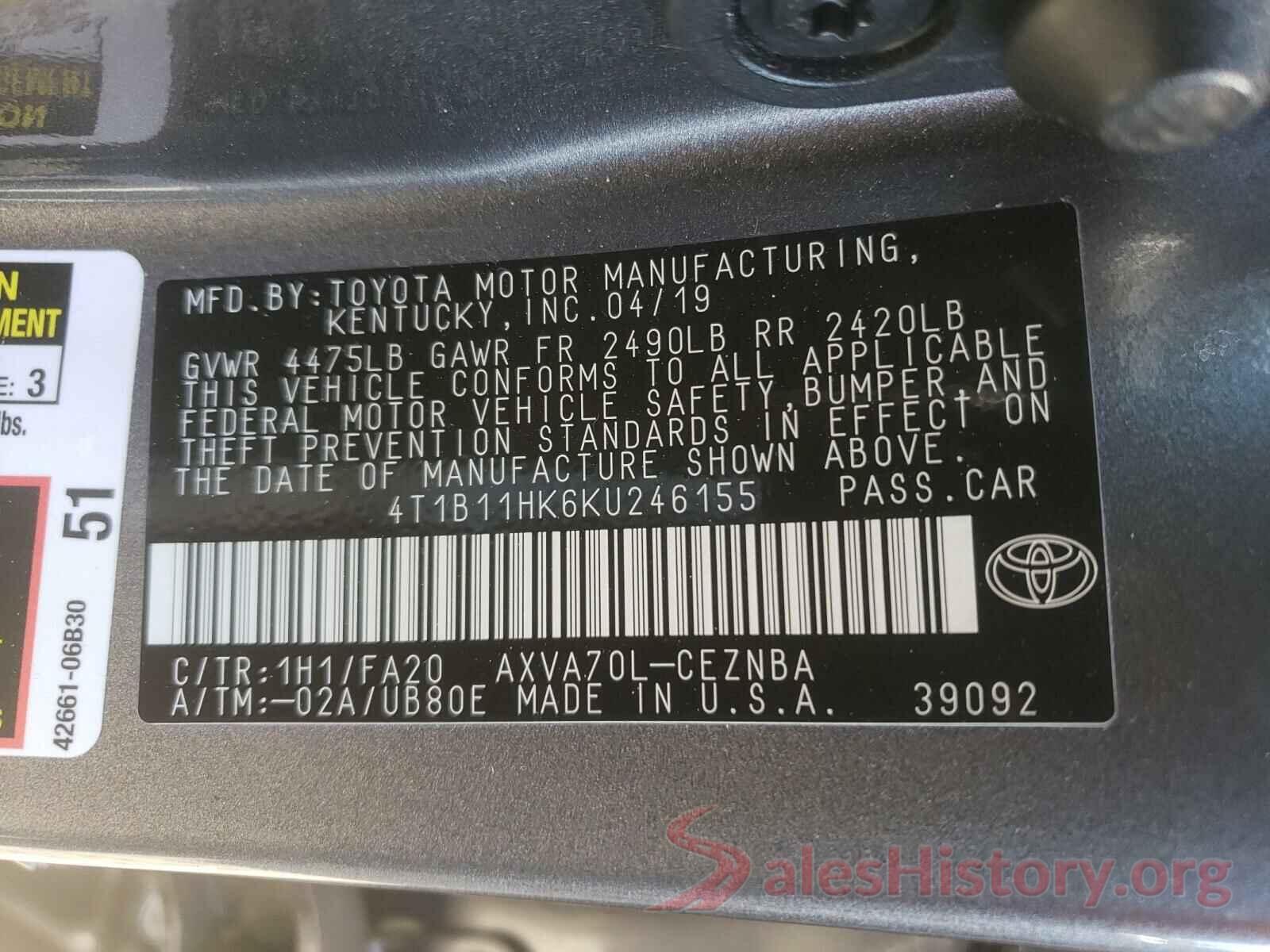 4T1B11HK6KU246155 2019 TOYOTA CAMRY