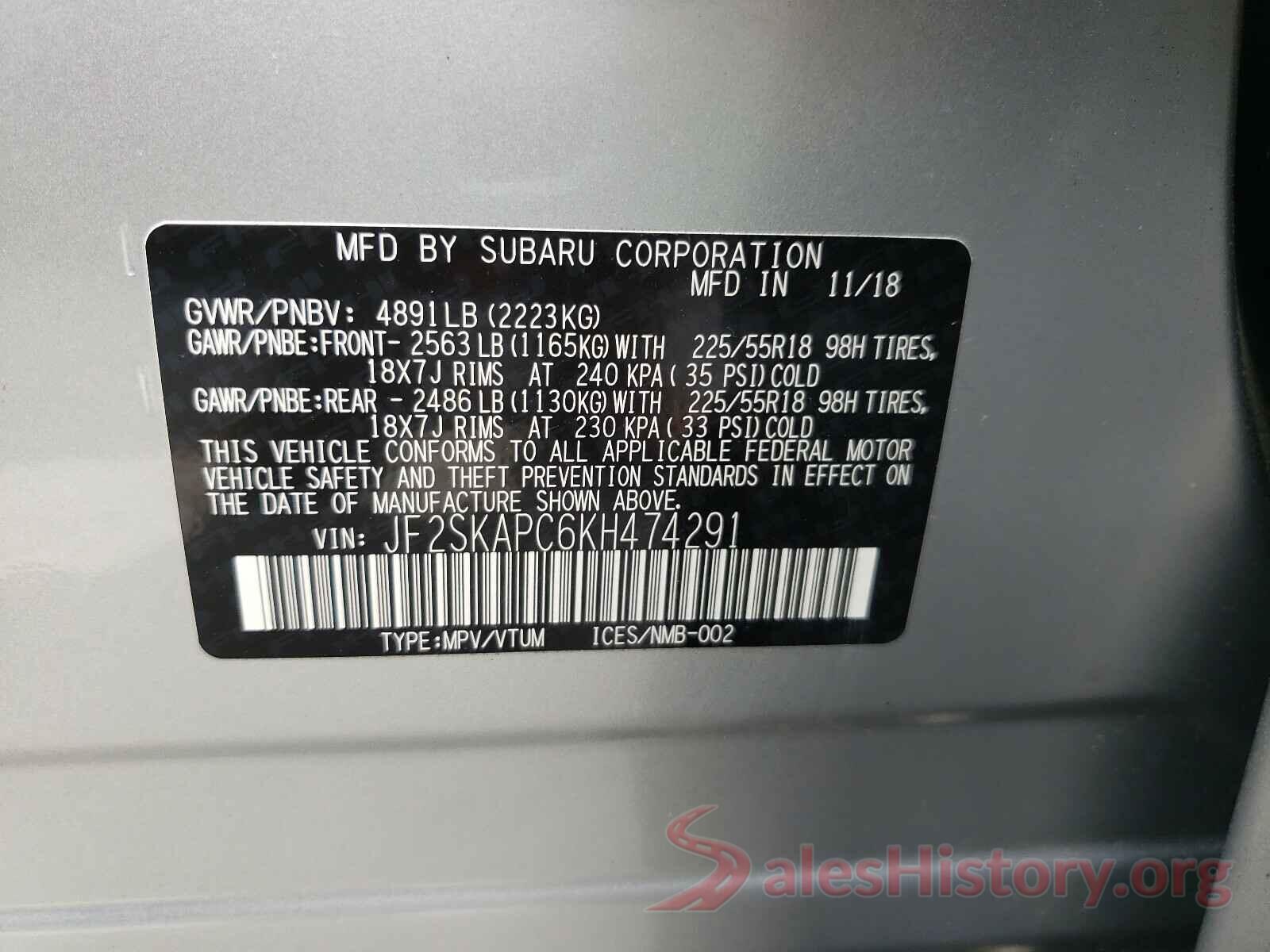 JF2SKAPC6KH474291 2019 SUBARU FORESTER