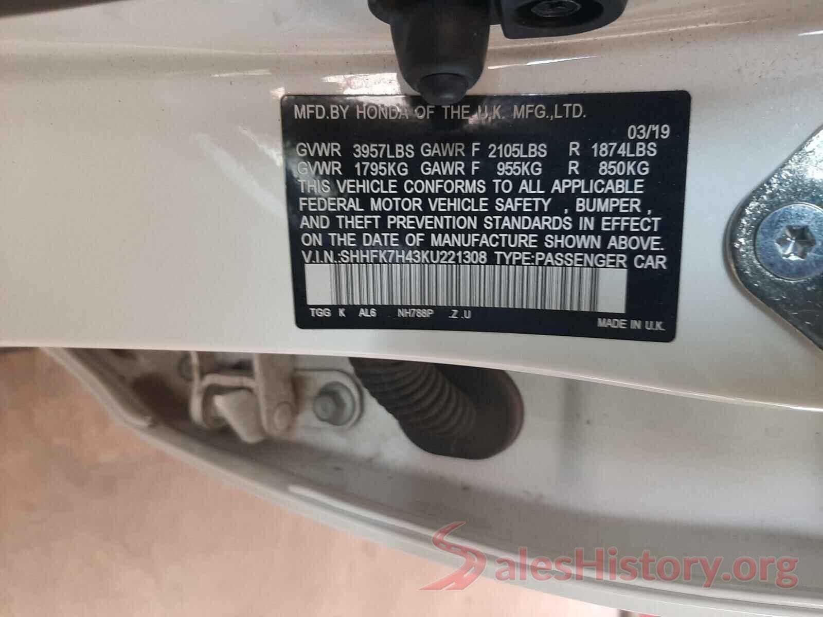 SHHFK7H43KU221308 2019 HONDA CIVIC