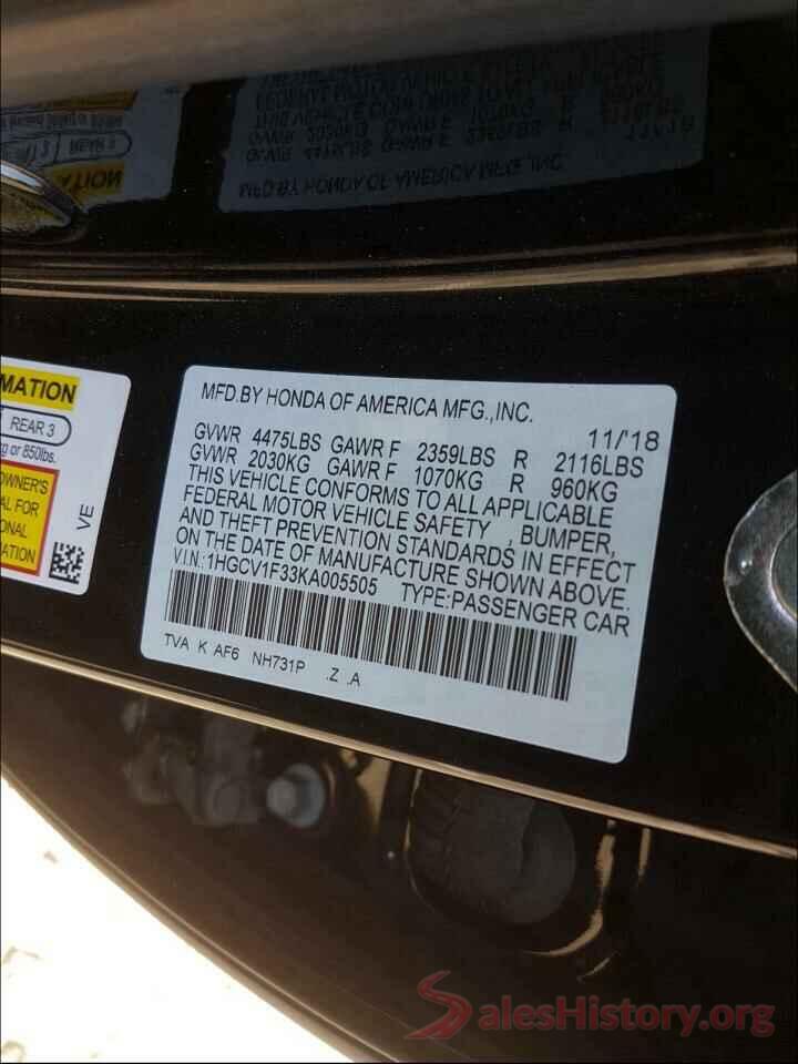 1HGCV1F33KA005505 2019 HONDA ACCORD