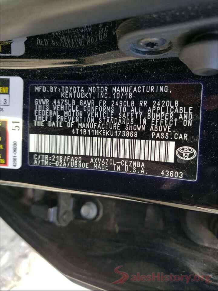 4T1B11HK6KU173868 2019 TOYOTA CAMRY