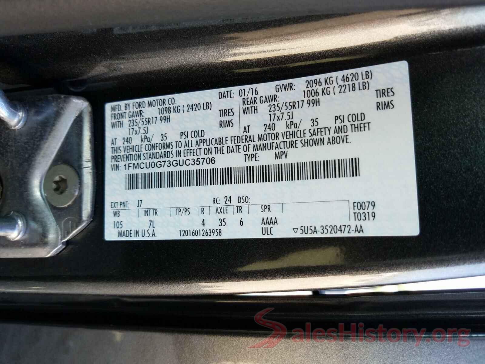 1FMCU0G73GUC35706 2016 FORD ESCAPE