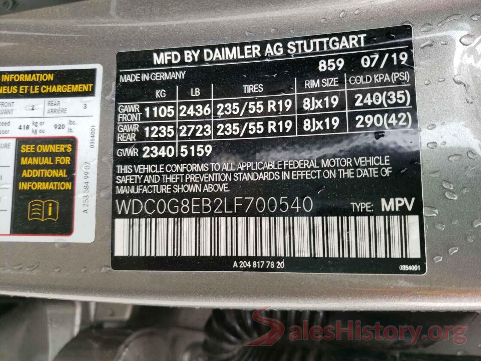 WDC0G8EB2LF700540 2020 MERCEDES-BENZ G CLASS