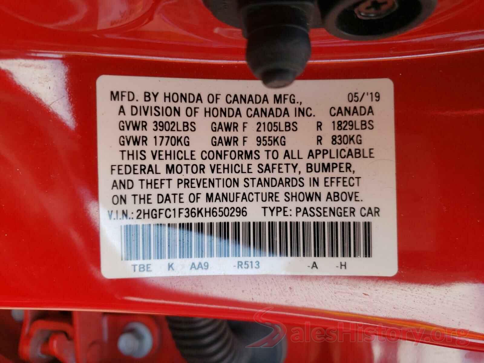 2HGFC1F36KH650296 2019 HONDA CIVIC