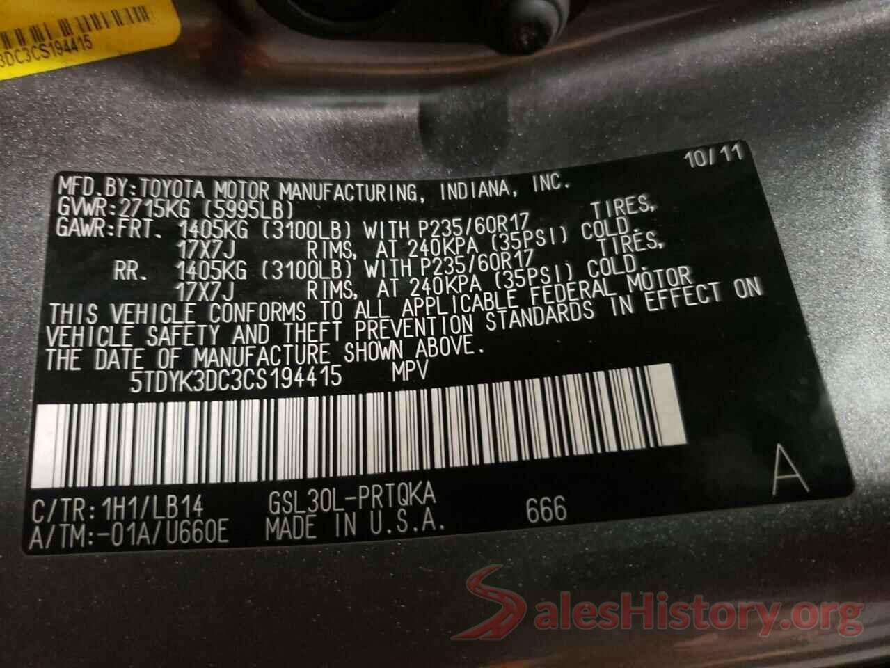 5TDYK3DC3CS194415 2012 TOYOTA SIENNA