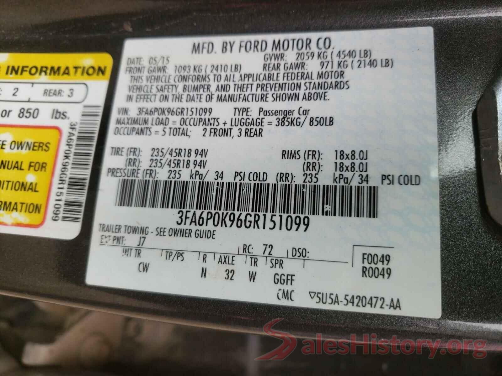 3FA6P0K96GR151099 2016 FORD FUSION