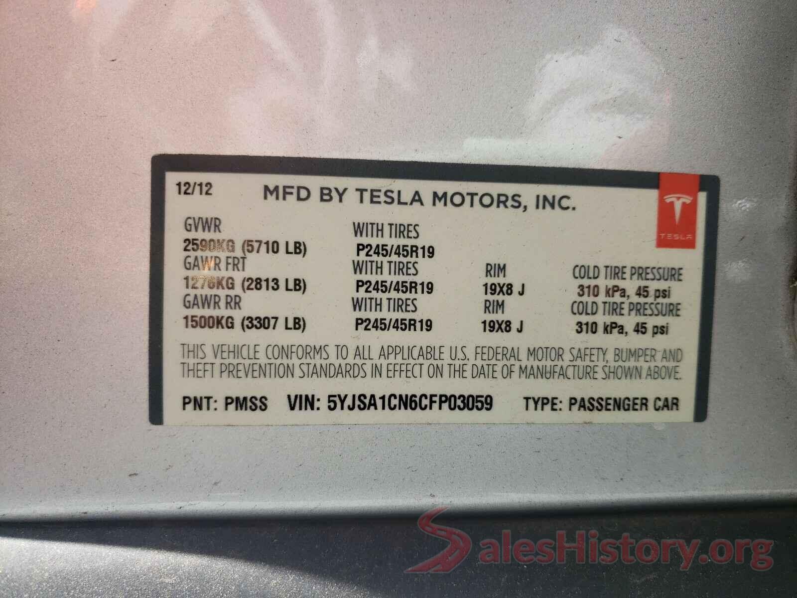 5YJSA1CN6CFP03059 2012 TESLA MODEL S