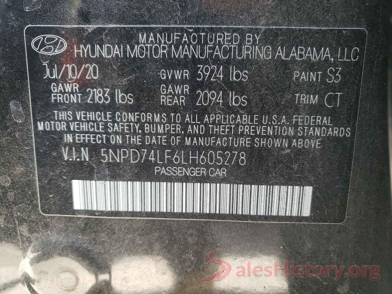 5NPD74LF6LH605278 2020 HYUNDAI ELANTRA