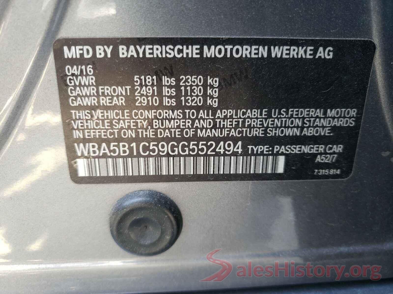 WBA5B1C59GG552494 2016 BMW 5 SERIES