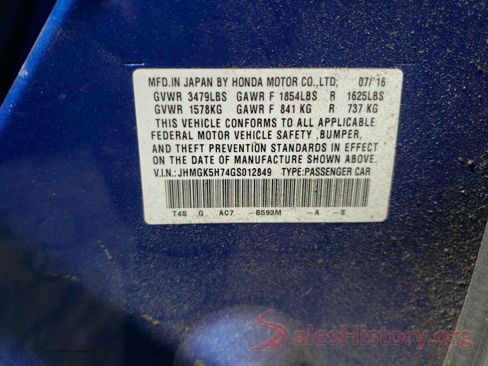 JHMGK5H74GS012849 2016 HONDA FIT