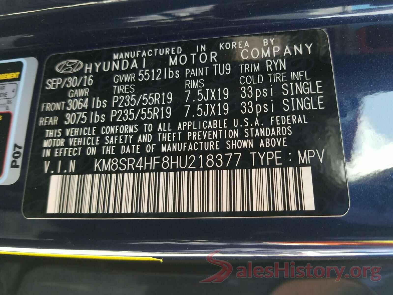 KM8SR4HF8HU218377 2017 HYUNDAI SANTA FE