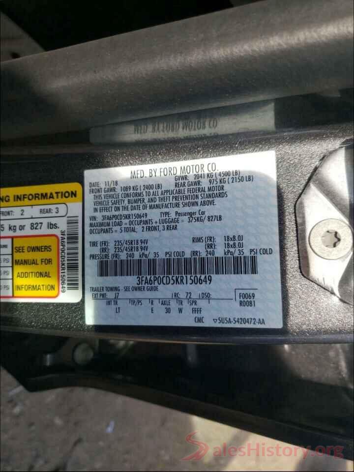 3FA6P0CD5KR150649 2019 FORD FUSION