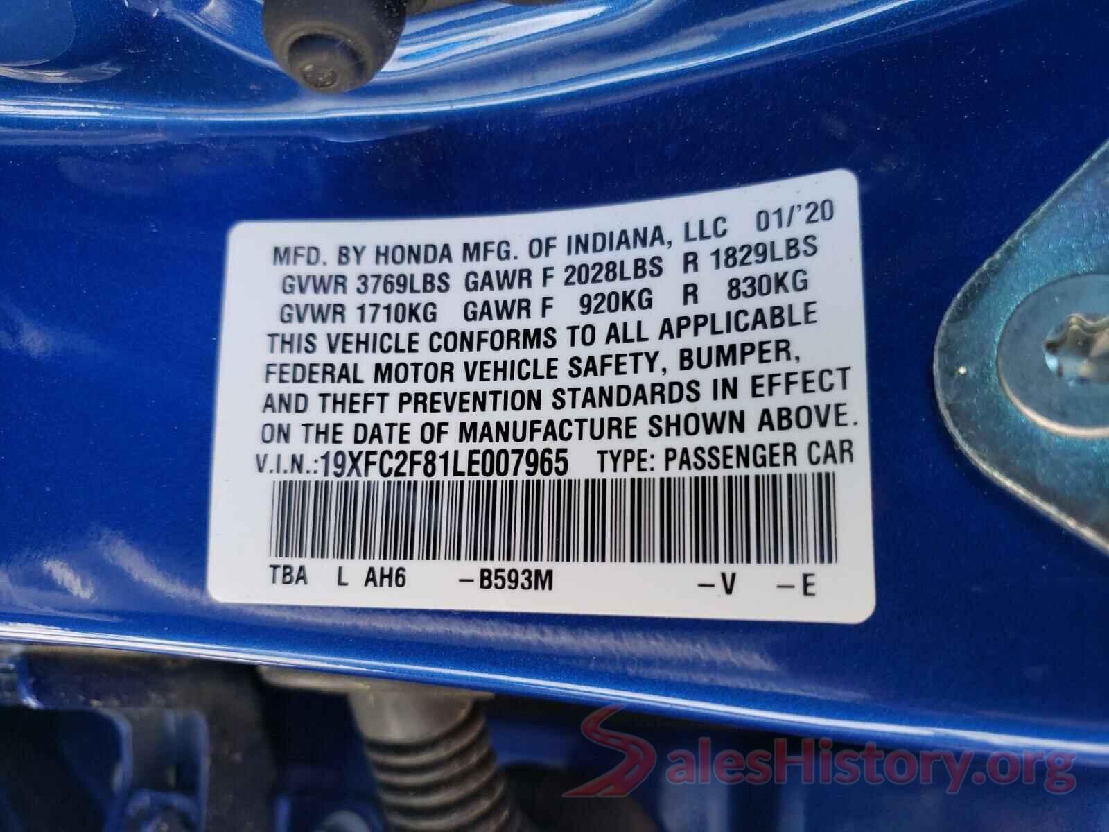 19XFC2F81LE007965 2020 HONDA CIVIC