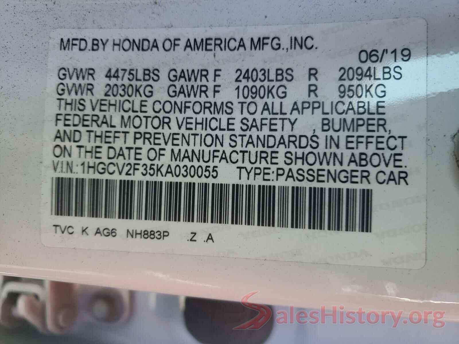 1HGCV2F35KA030055 2019 HONDA ACCORD