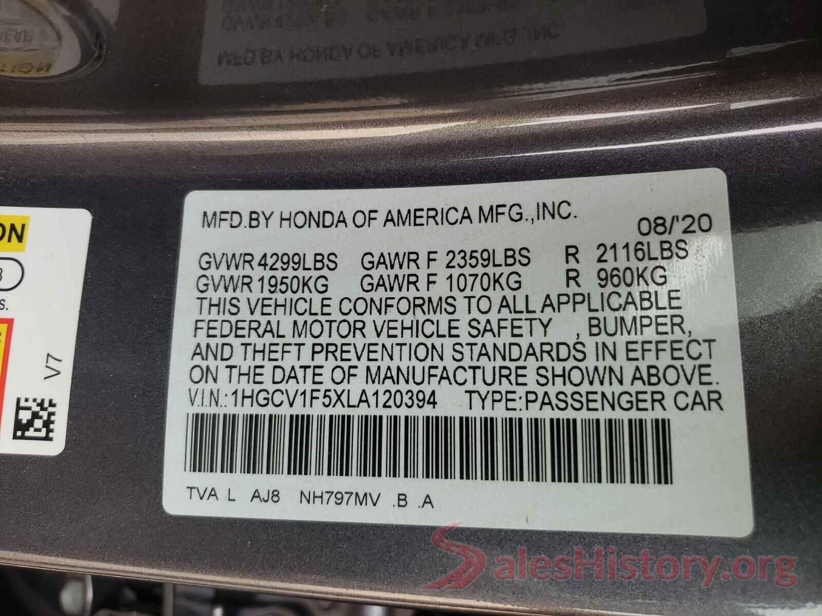 1HGCV1F5XLA120394 2020 HONDA ACCORD