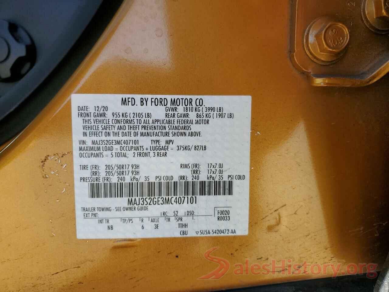 MAJ3S2GE3MC407101 2021 FORD ECOSPORT