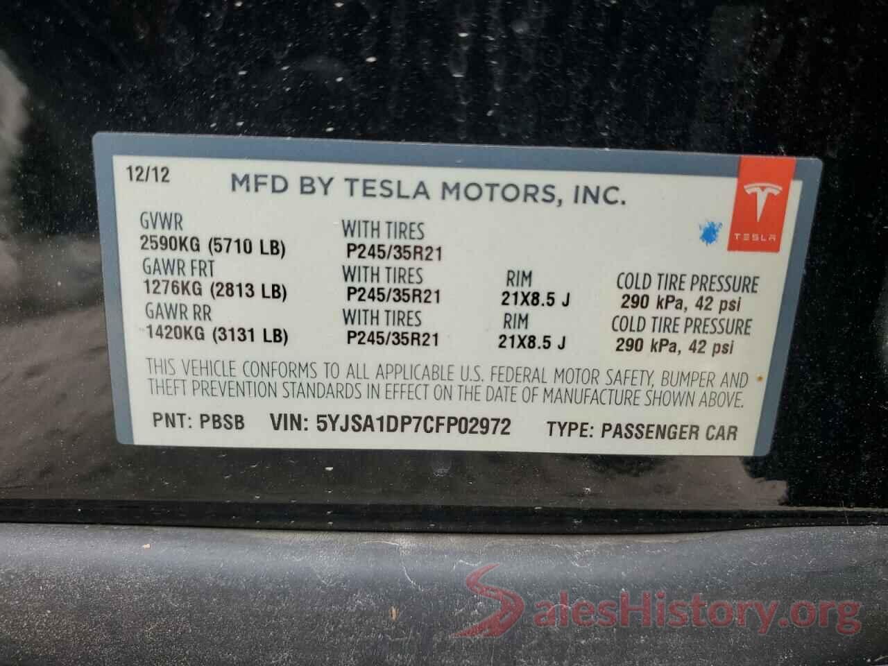 5YJSA1DP7CFP02972 2012 TESLA MODEL S