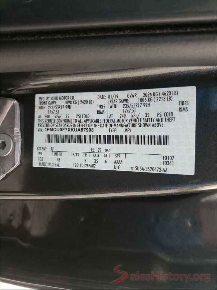 1FMCU0F7XKUA87998 2019 FORD ESCAPE