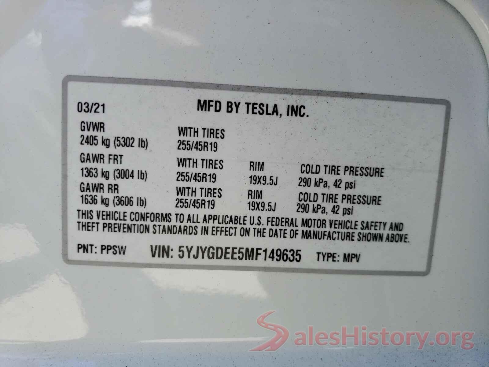 5YJYGDEE5MF149635 2021 TESLA MODEL Y