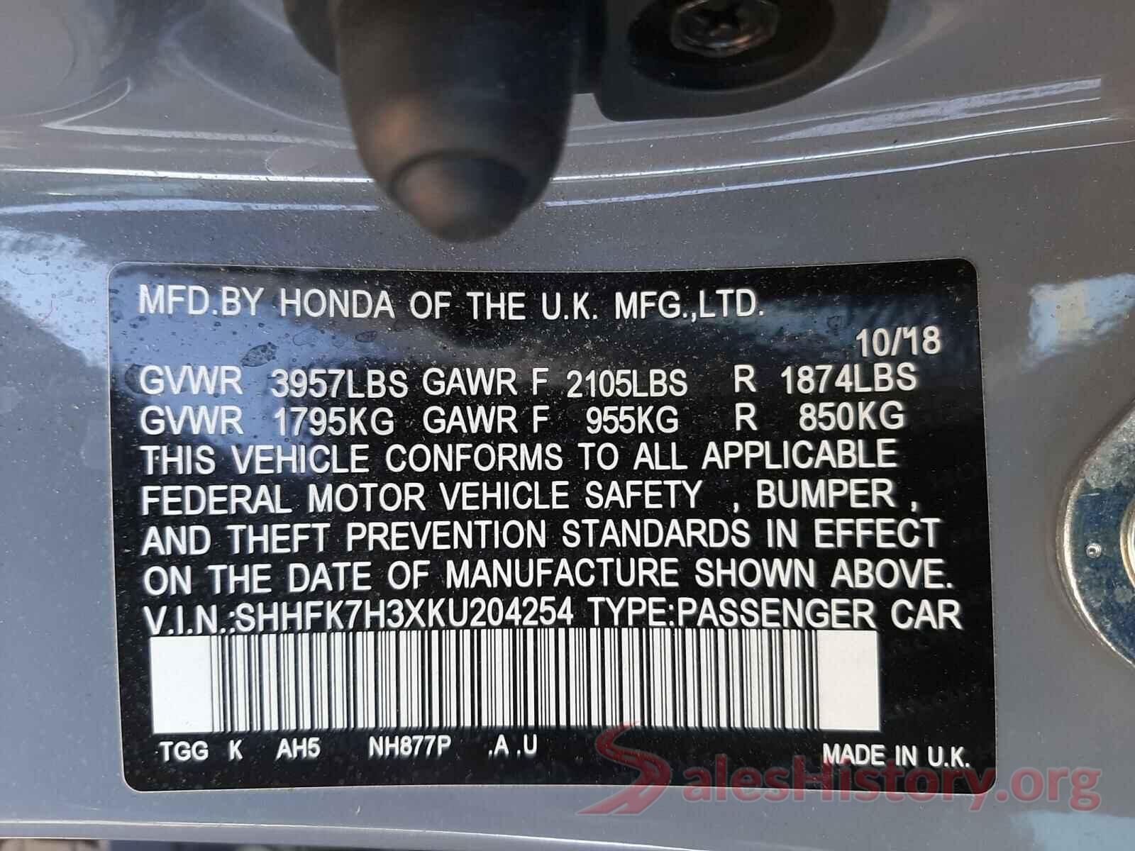 SHHFK7H3XKU204254 2019 HONDA CIVIC