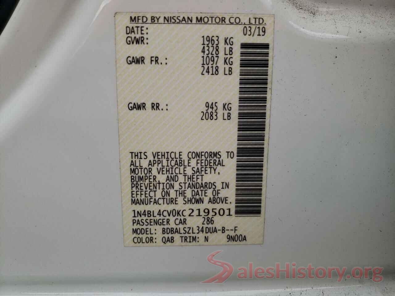 1N4BL4CV0KC219501 2019 NISSAN ALTIMA