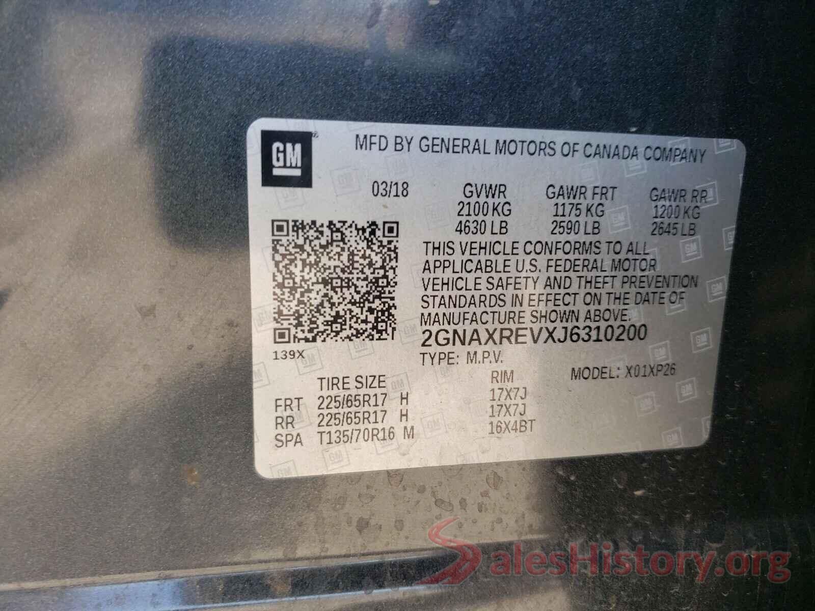 2GNAXREVXJ6310200 2018 CHEVROLET EQUINOX