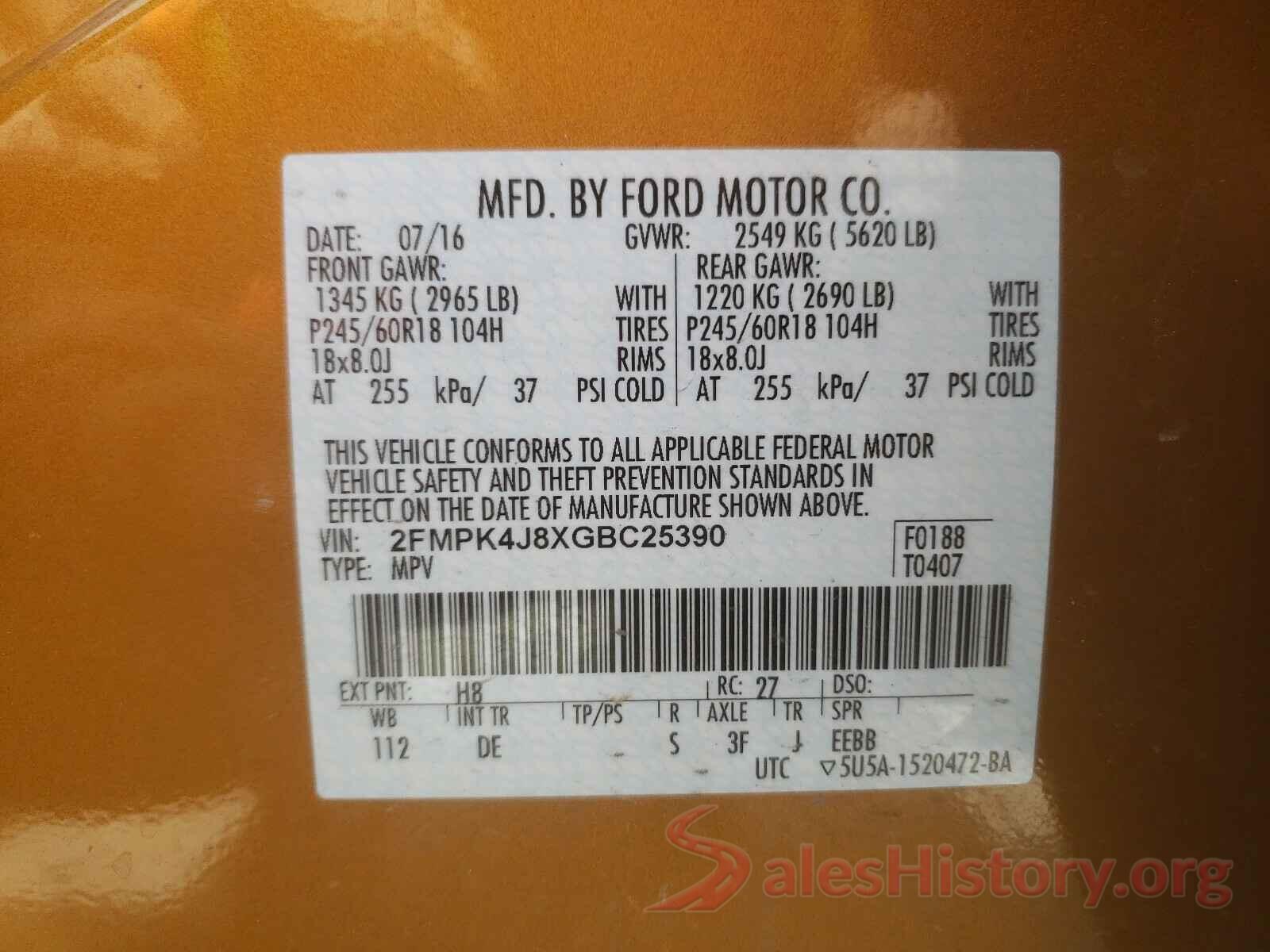 2FMPK4J8XGBC25390 2016 FORD EDGE