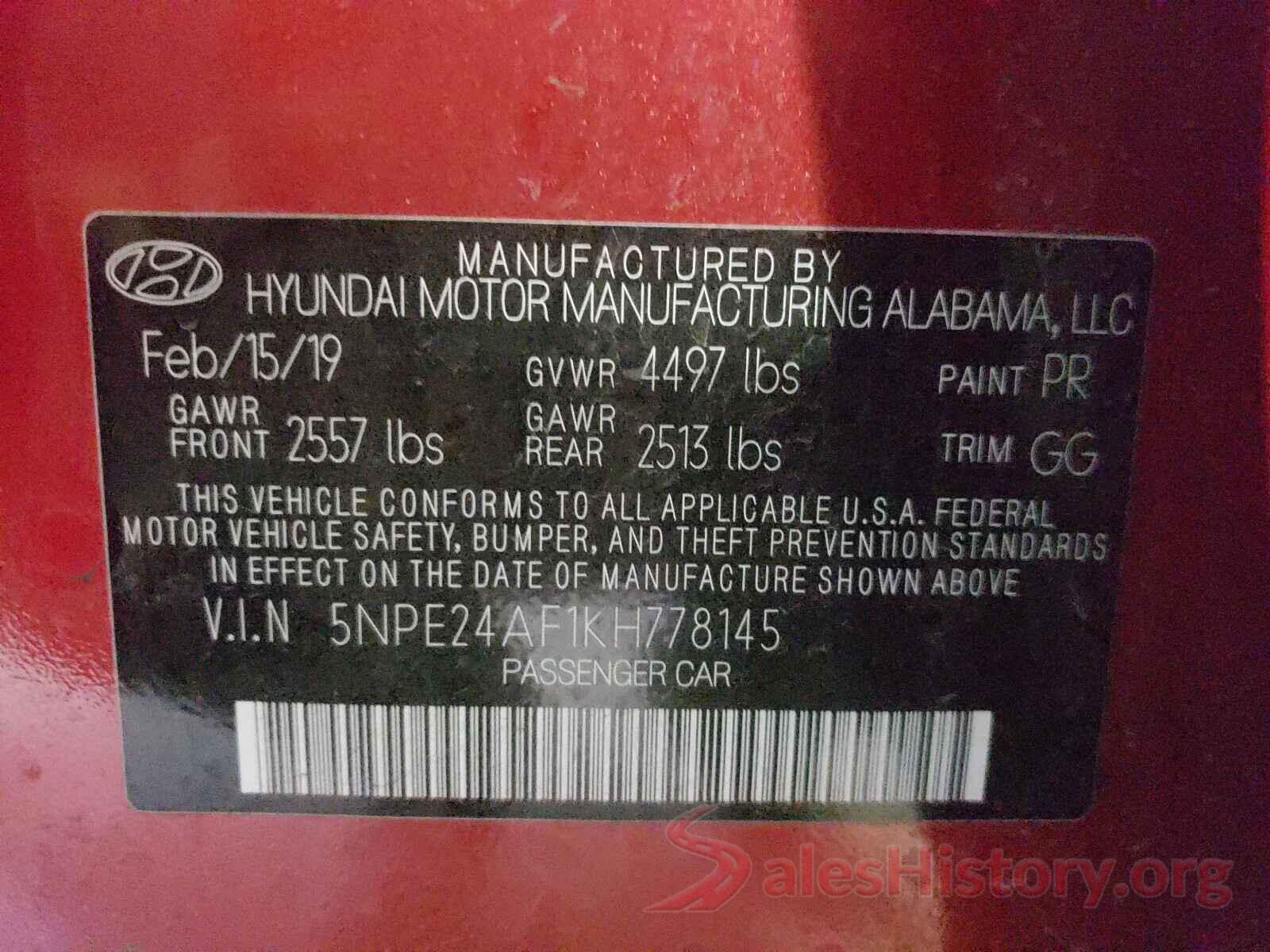 5NPE24AF1KH778145 2019 HYUNDAI SONATA