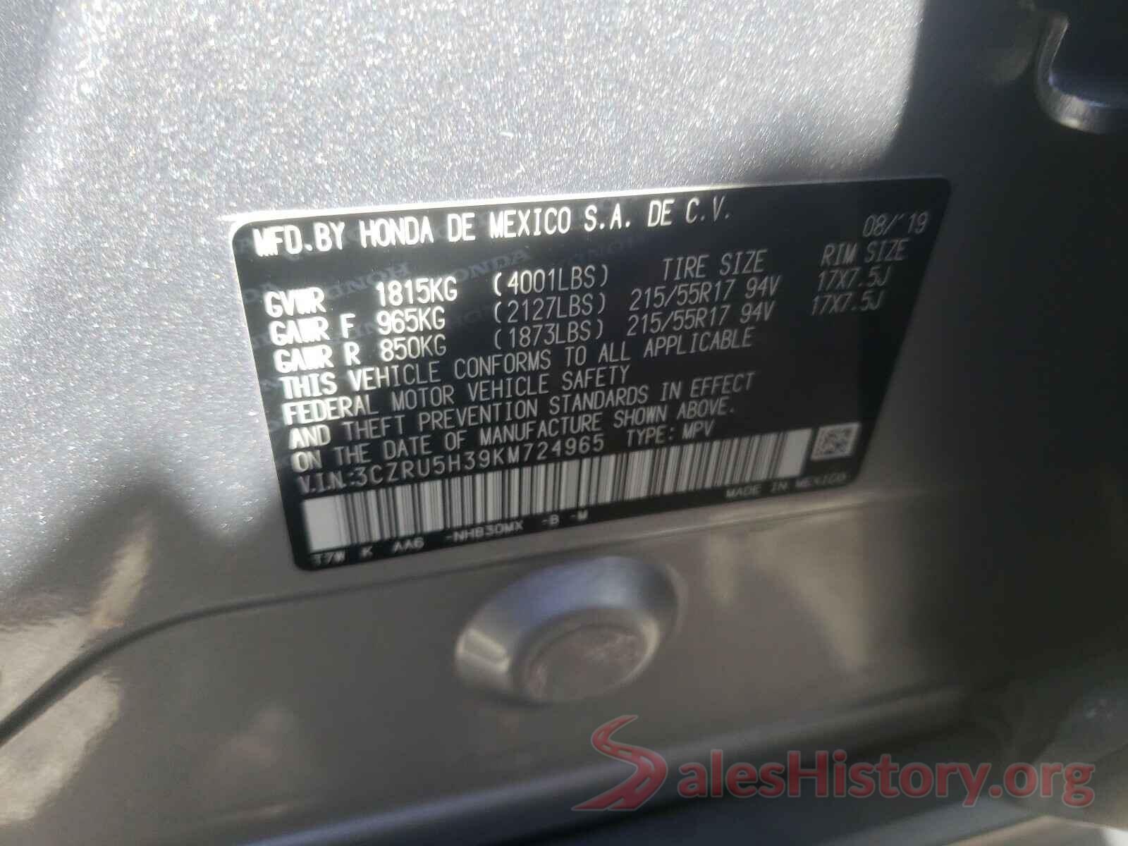 3CZRU5H39KM724965 2019 HONDA HR-V