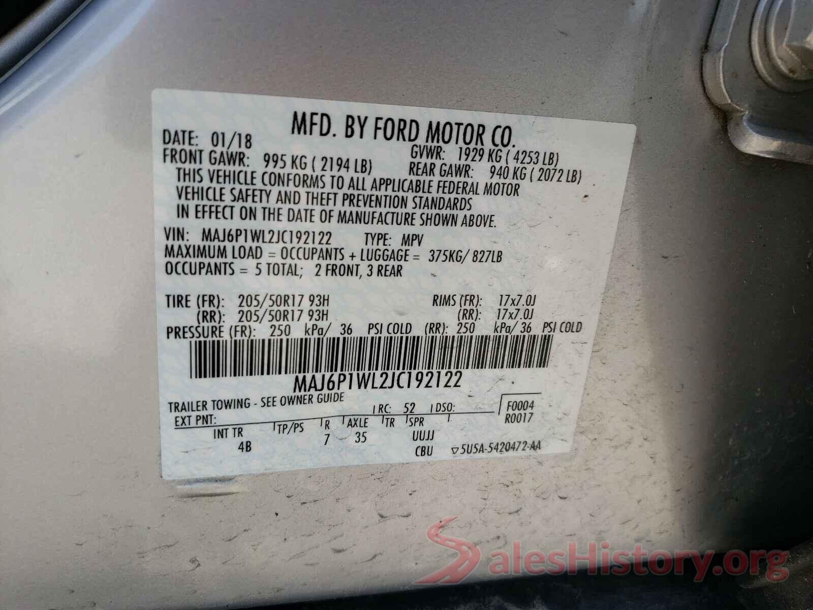 MAJ6P1WL2JC192122 2018 FORD ALL OTHER