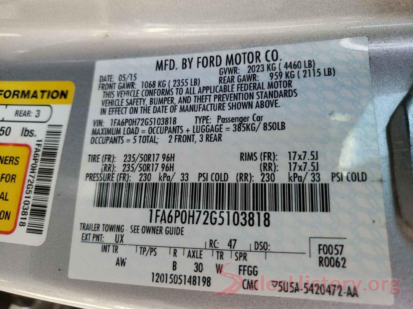 1FA6P0H72G5103818 2016 FORD FUSION