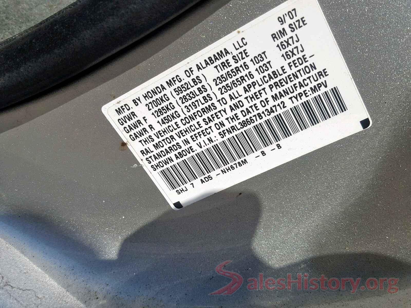 5FNRL38667B134712 2007 HONDA ODYSSEY EX