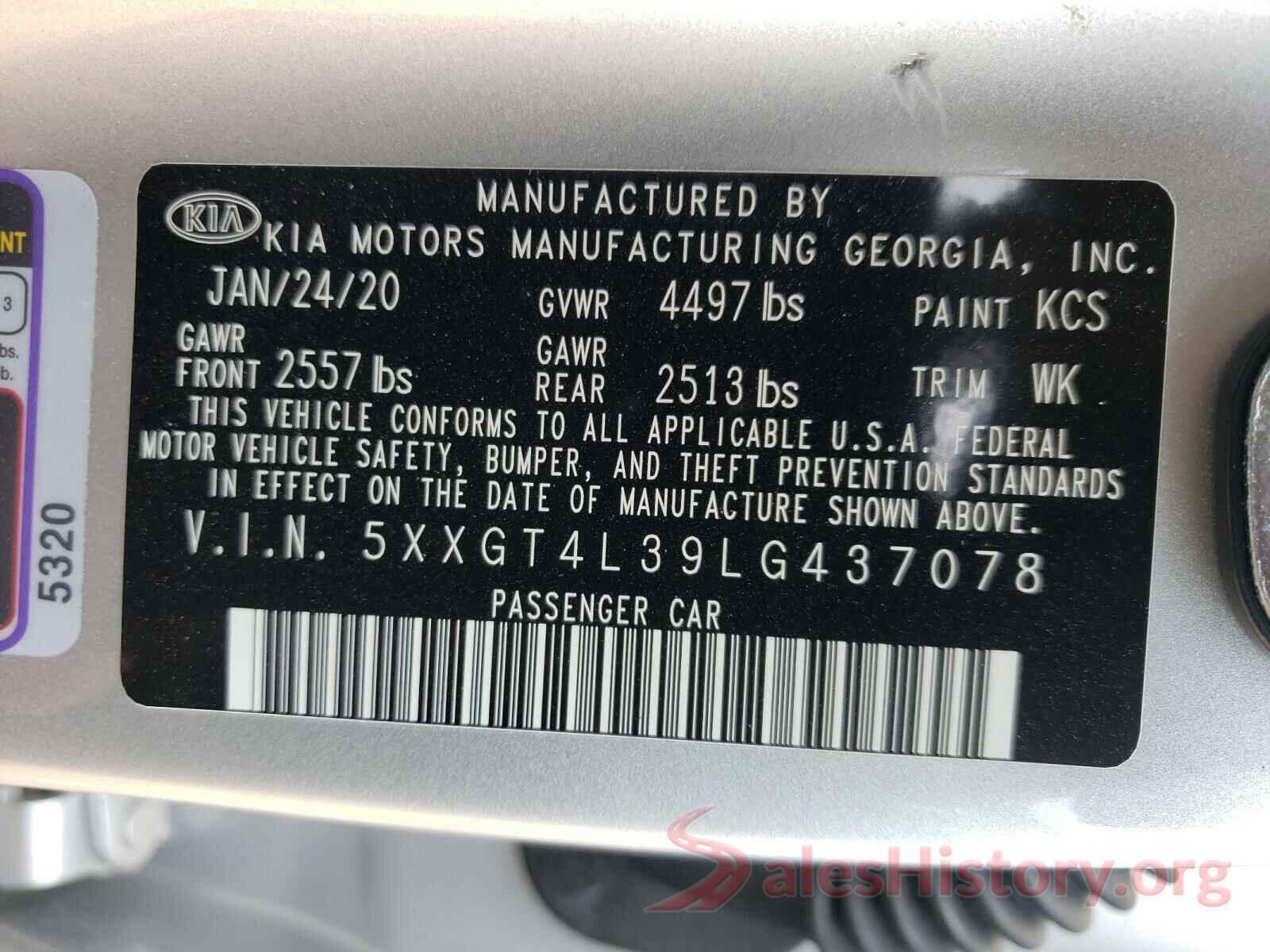 5XXGT4L39LG437078 2020 KIA OPTIMA