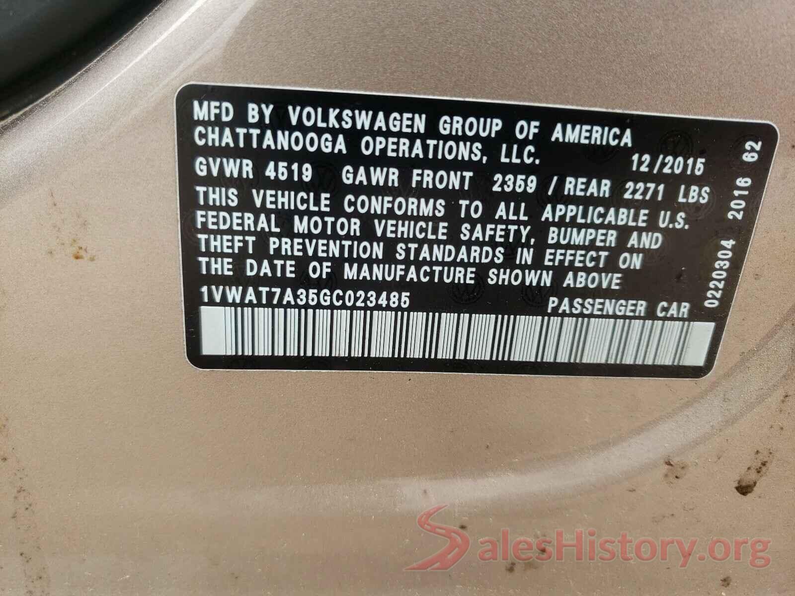 1VWAT7A35GC023485 2016 VOLKSWAGEN PASSAT