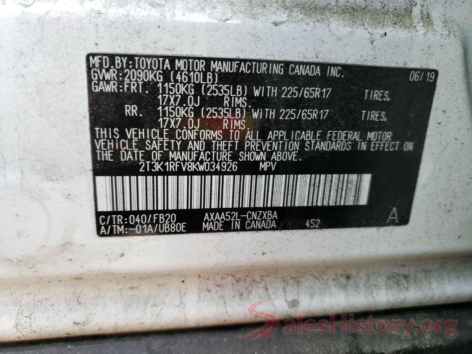 2T3K1RFV8KW034926 2019 TOYOTA RAV4