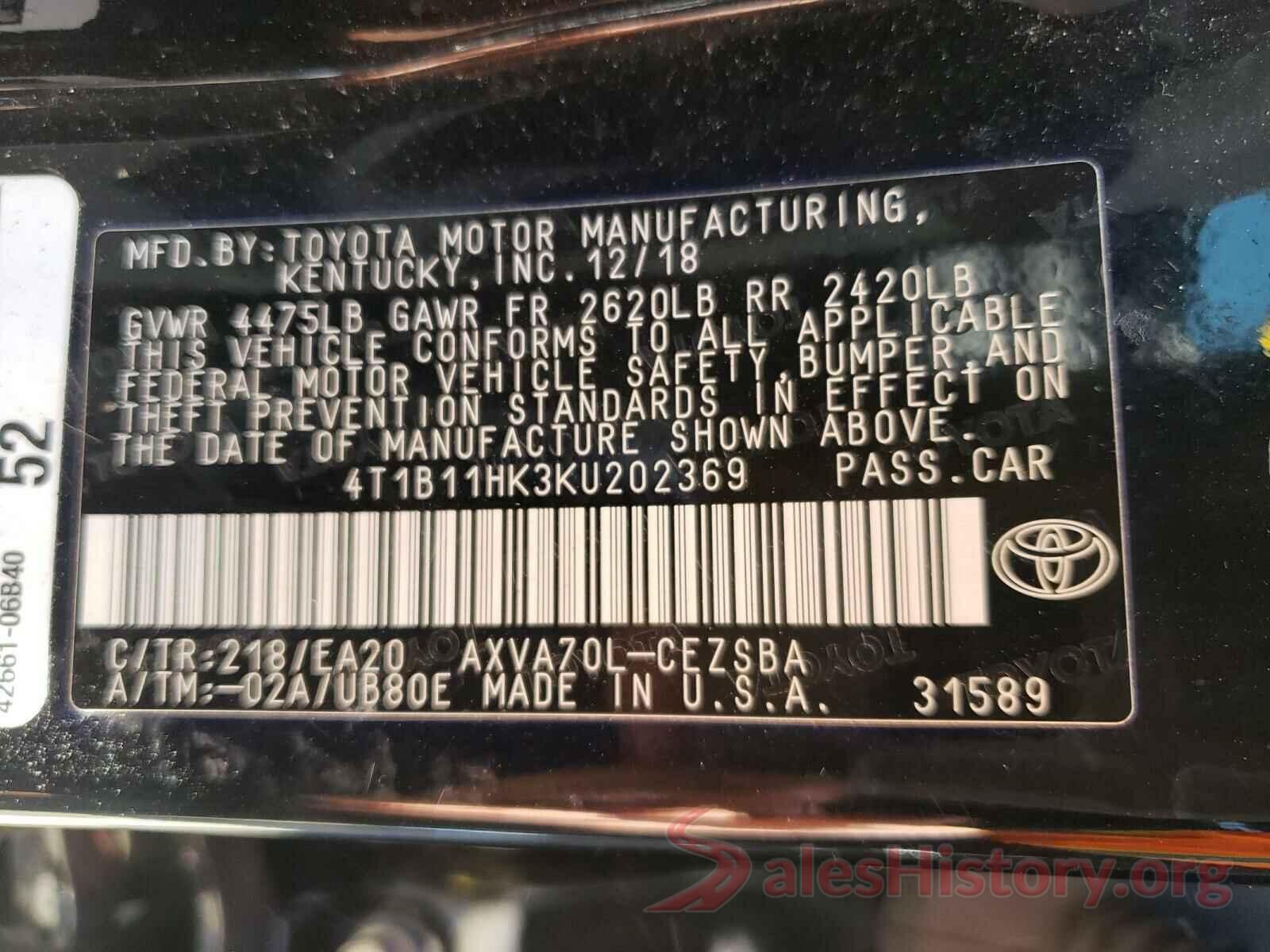 4T1B11HK3KU202369 2019 TOYOTA CAMRY