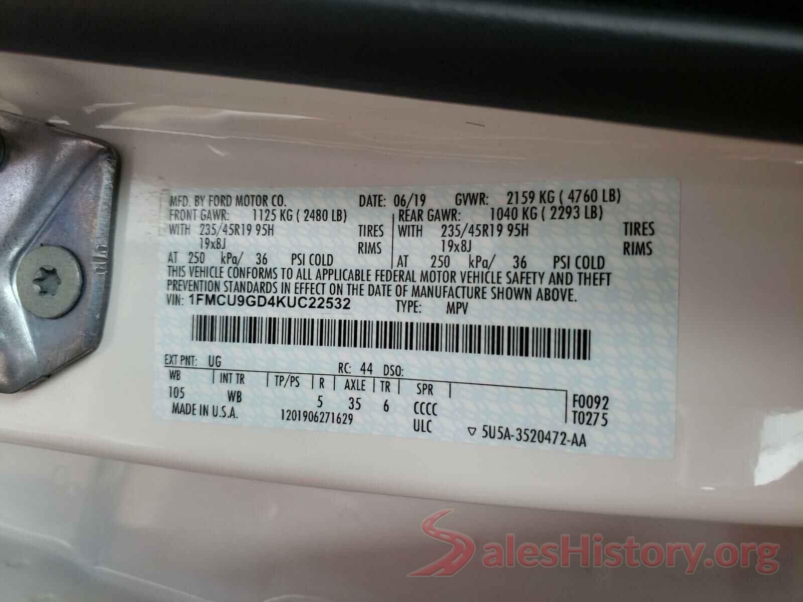 1FMCU9GD4KUC22532 2019 FORD ESCAPE