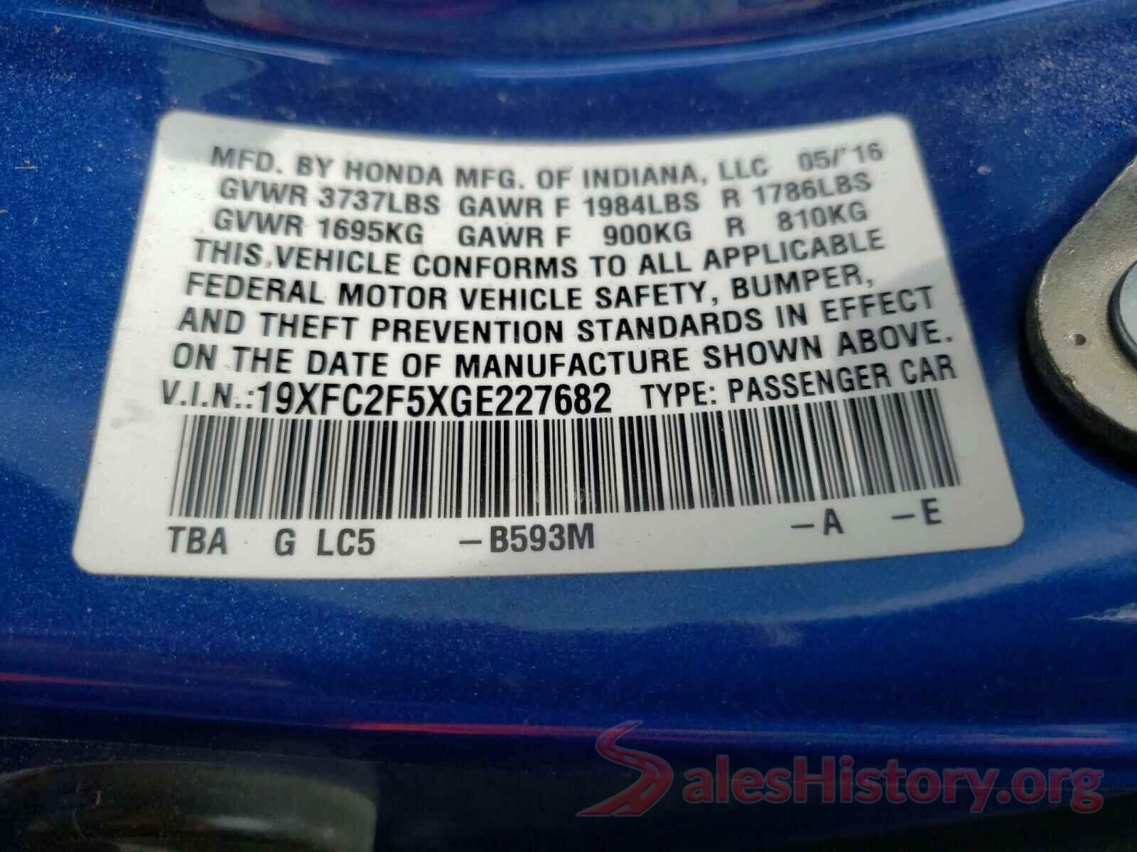 19XFC2F5XGE227682 2016 HONDA CIVIC