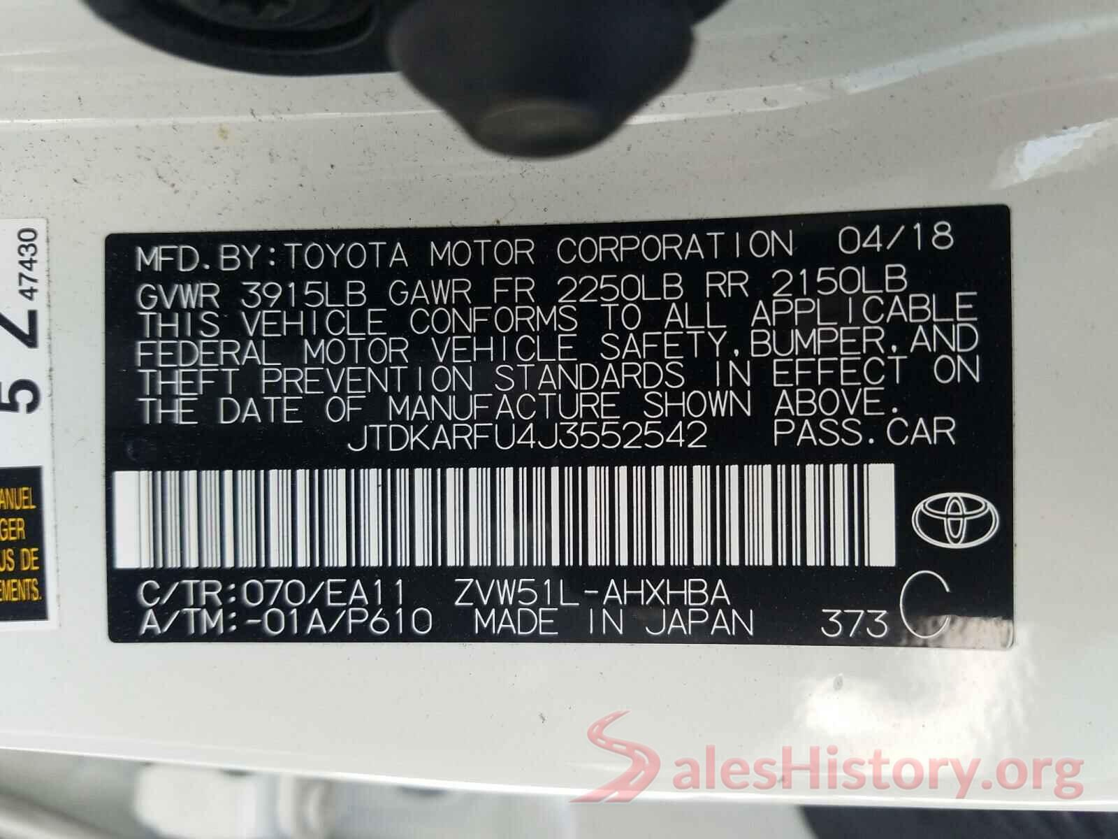 JTDKARFU4J3552542 2018 TOYOTA PRIUS