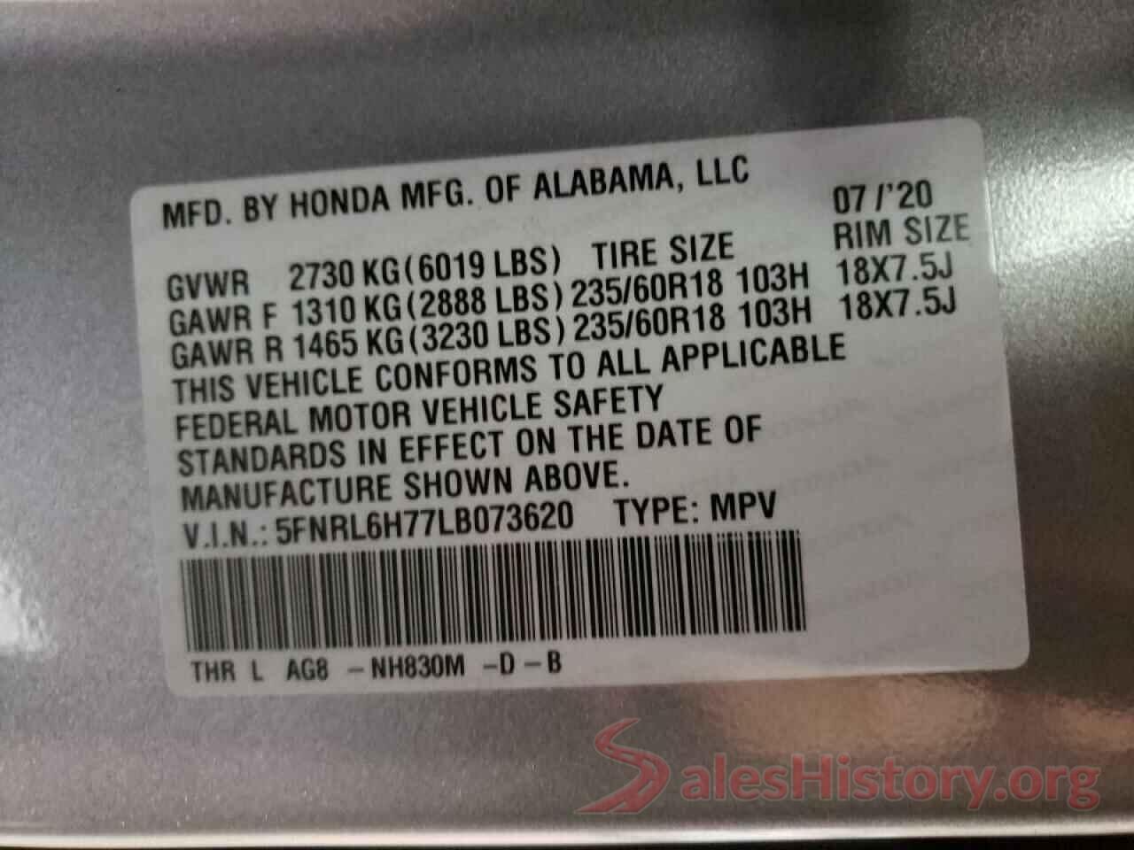 5FNRL6H77LB073620 2020 HONDA ODYSSEY