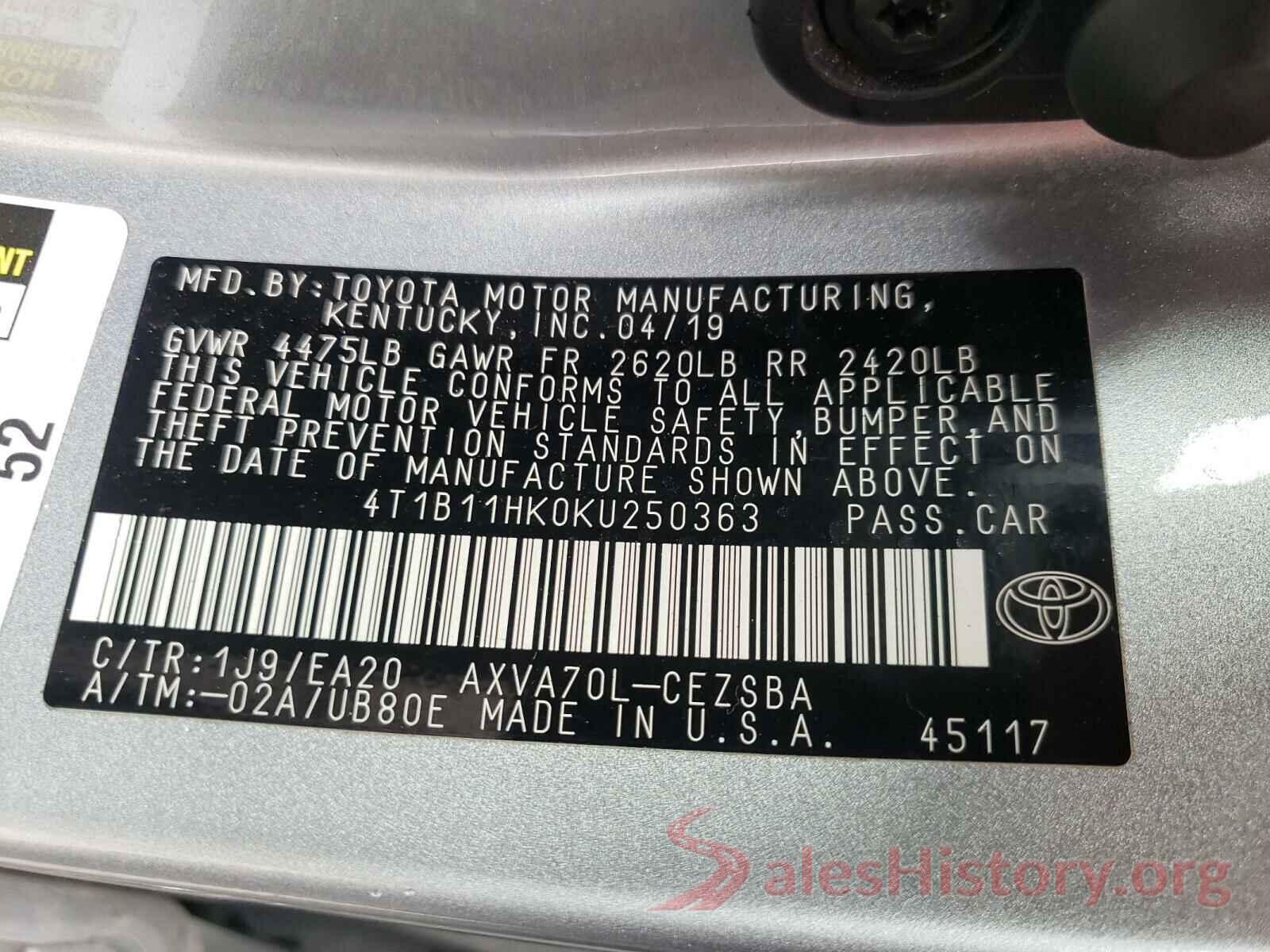 4T1B11HK0KU250363 2019 TOYOTA CAMRY