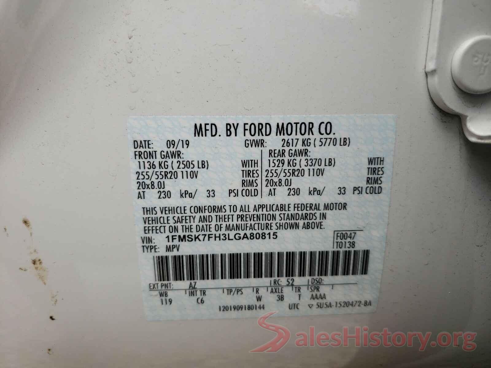 1FMSK7FH3LGA80815 2020 FORD EXPLORER