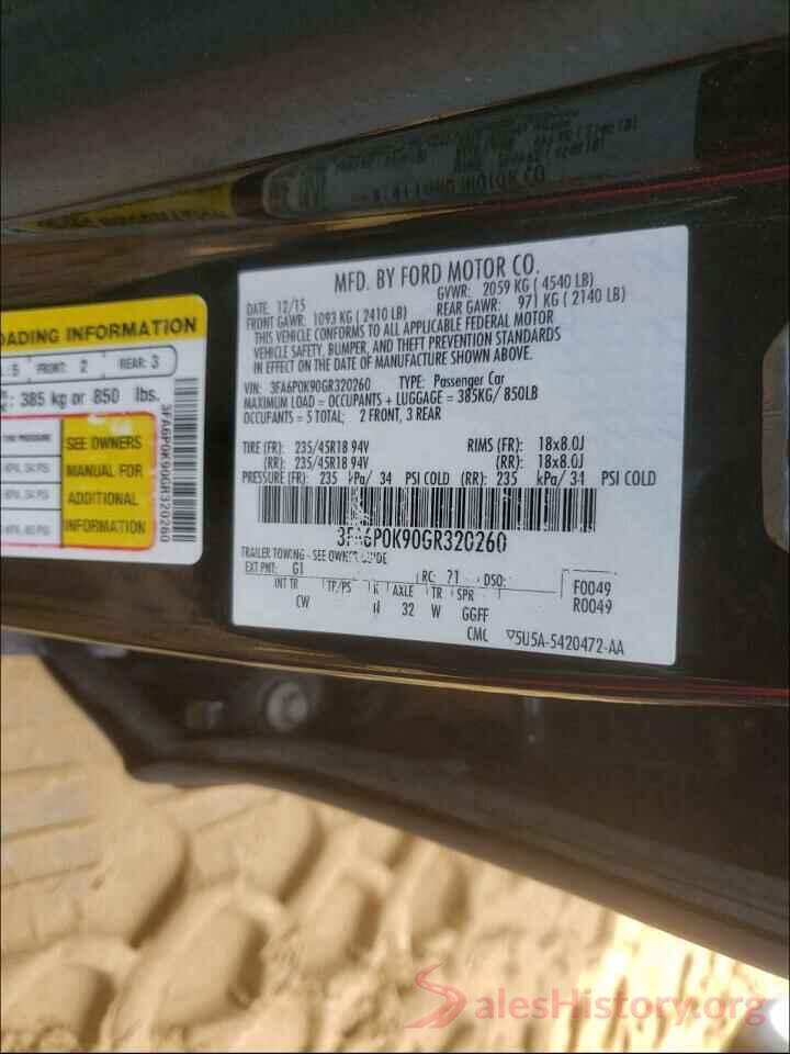 3FA6P0K90GR320260 2016 FORD FUSION