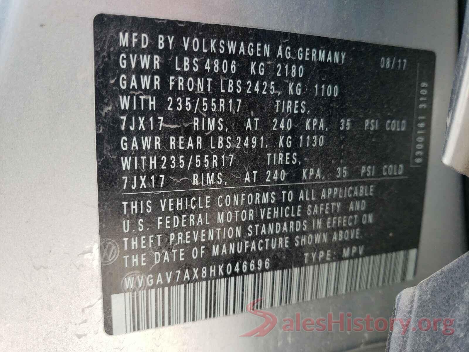 WVGAV7AX8HK046696 2017 VOLKSWAGEN TIGUAN